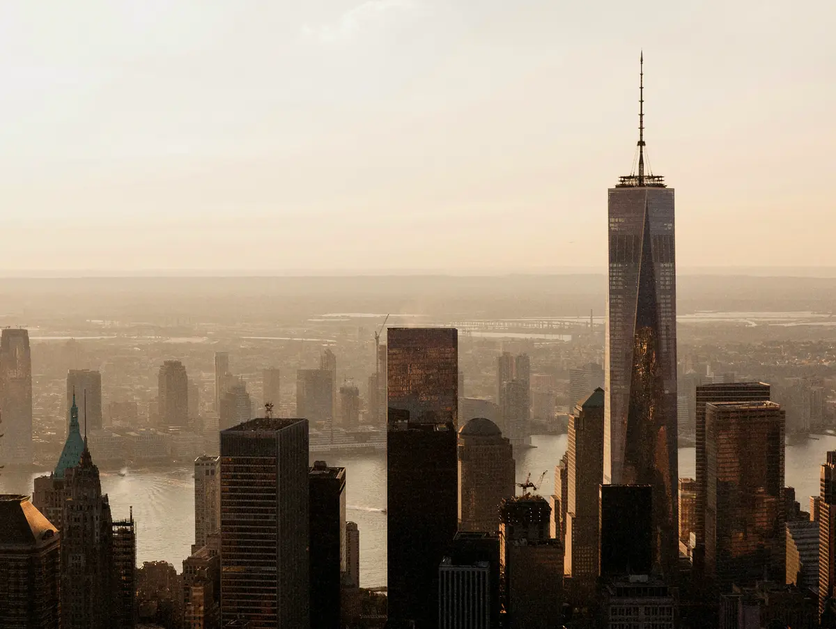 City skyline at sunset