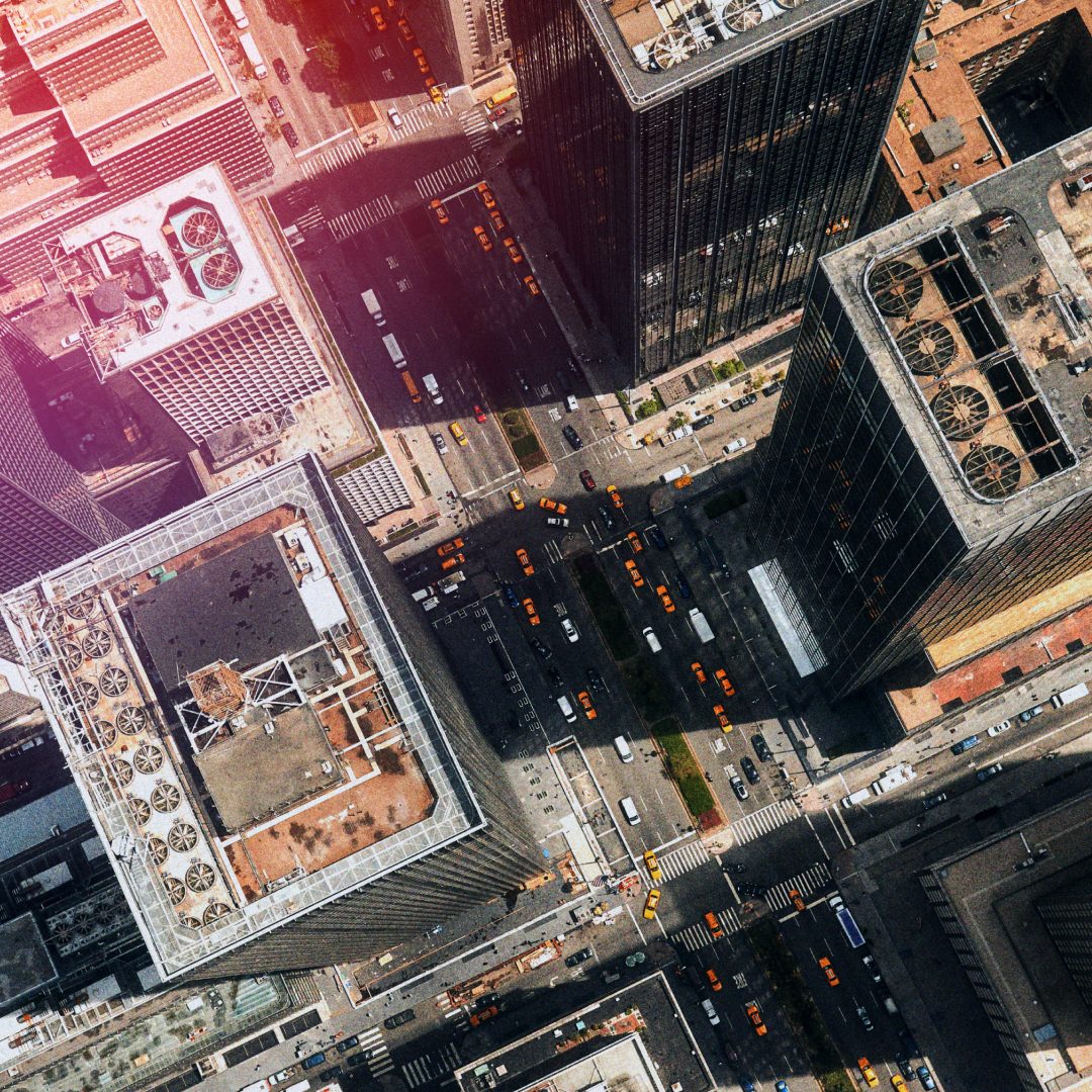 Aerial view of city rooftops