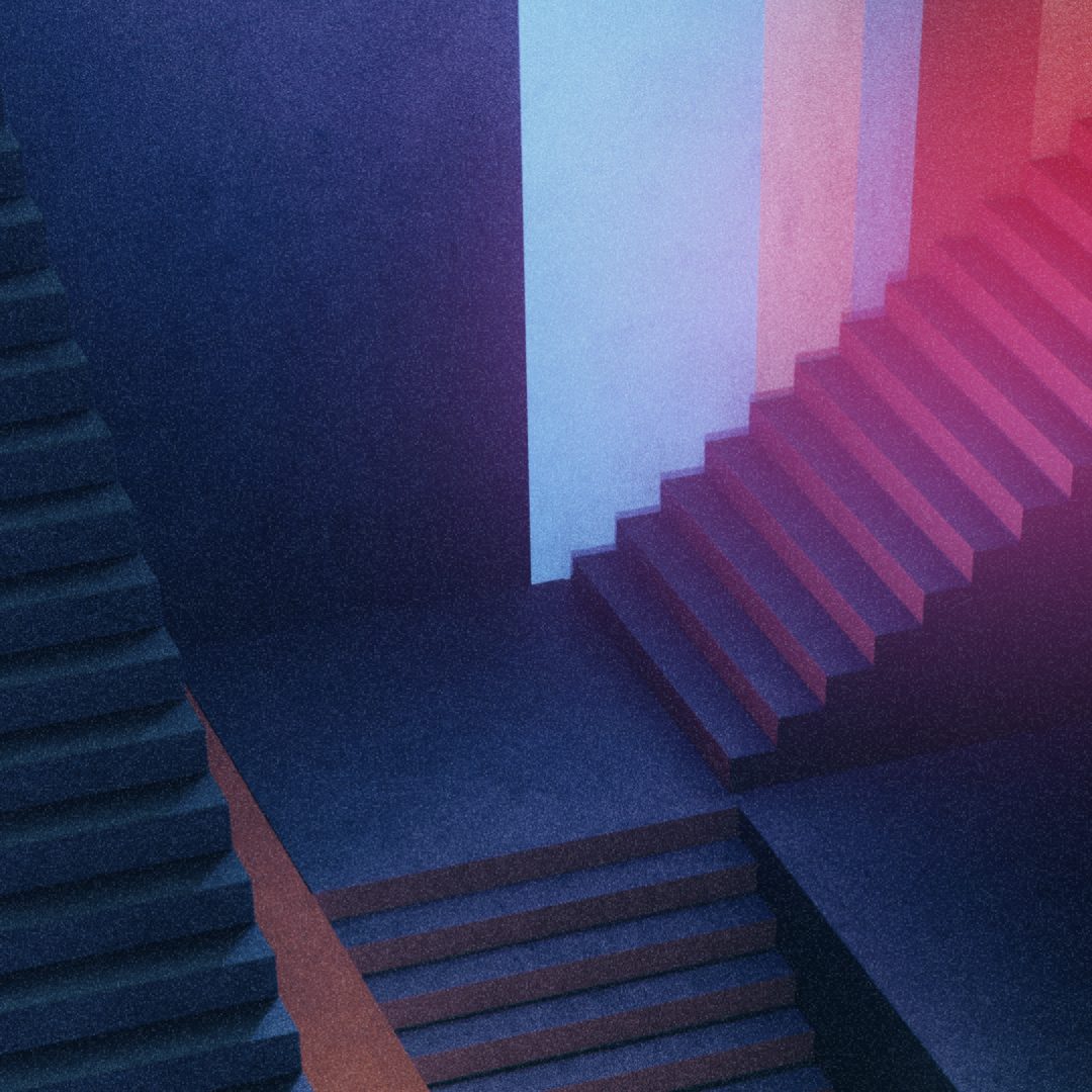 Stairs in a blue and red architectural space