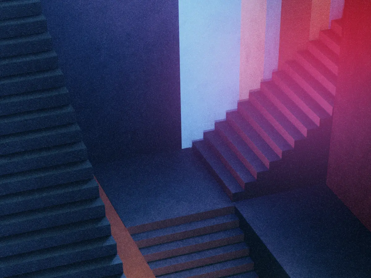 Stairs in a blue and red architectural space