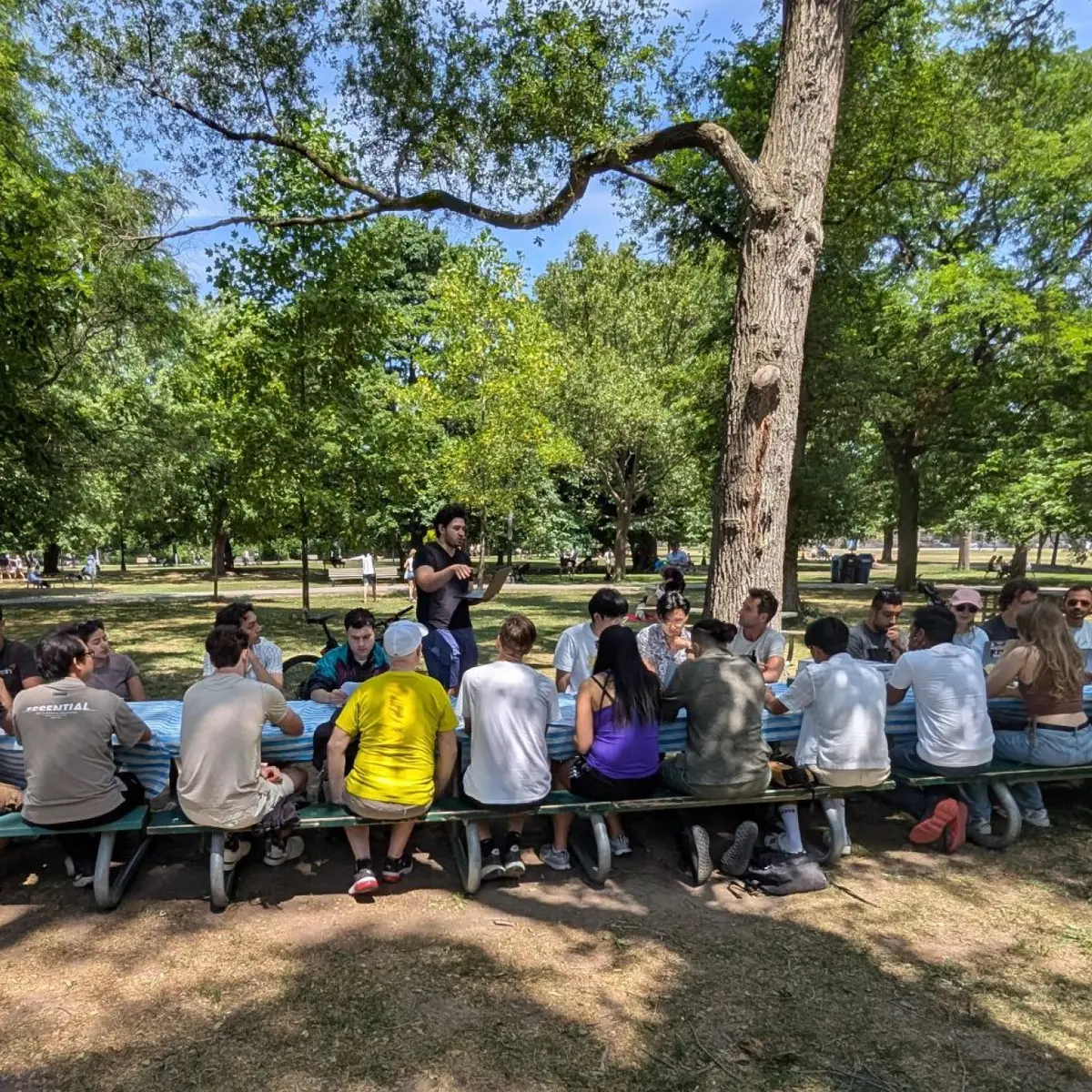 Large group of people sitting together at a long picnic table in a park on a sunny day, listening to a person standing and speaking. Tall trees and green foliage surround the gathering.